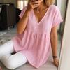 Women Tops V-Neck Short Sleeve Ruffle Splicing Hem Pullover Tops Pure Color Loose Fit A-Line Tee Tops Daily Wear