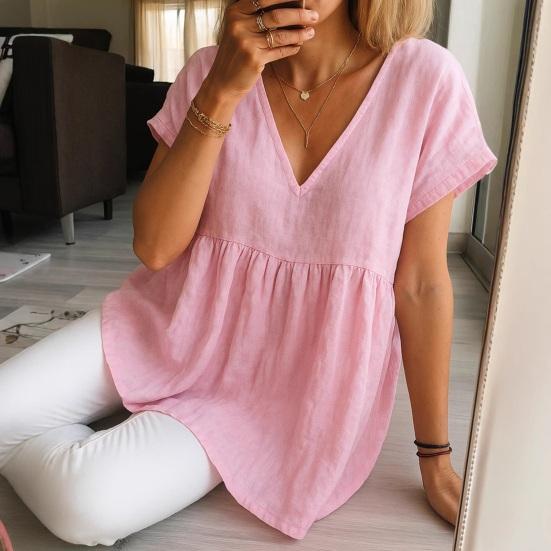 Women Tops V-Neck Short Sleeve Ruffle Splicing Hem Pullover Tops Pure Color Loose Fit A-Line Tee Tops Daily Wear