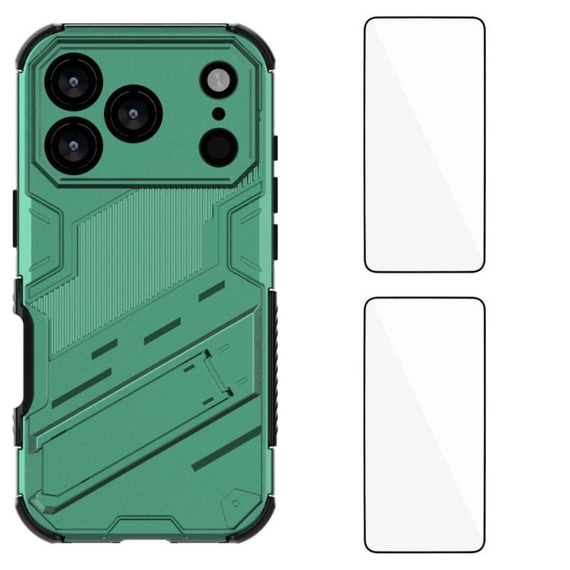 For iPhone 17 Pro Max Case with 2Pcs Tempered Glass WANLONFENG KK Series PC TPU Phone Cover Kickstand Precise Cutouts