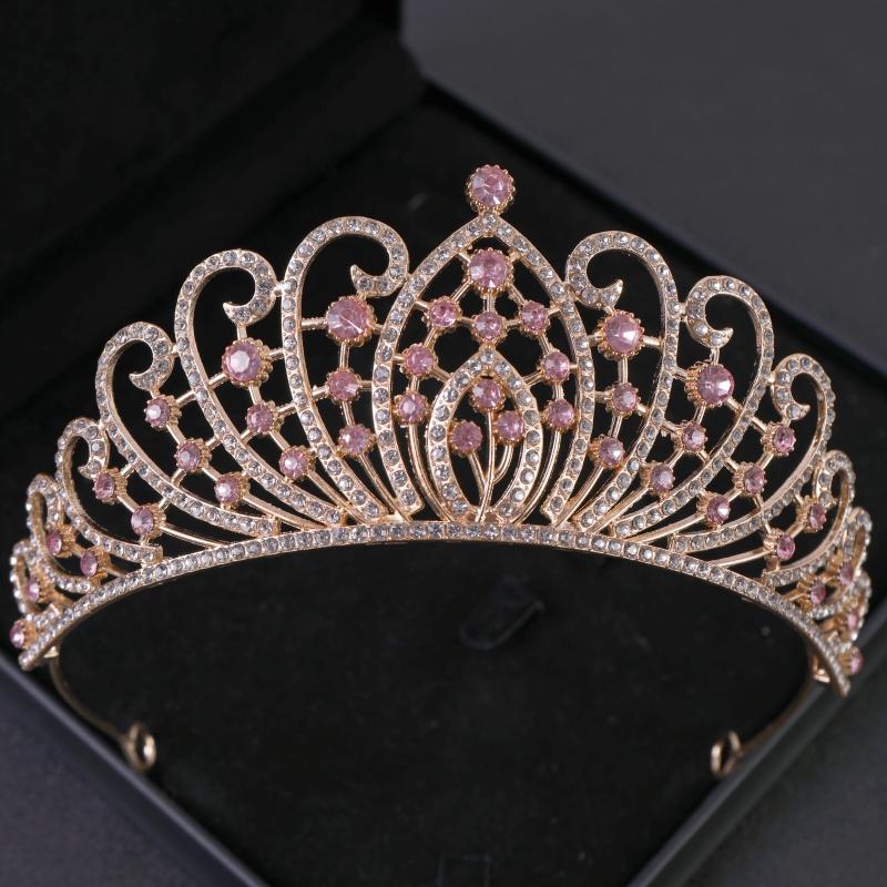 Pink Crystal Tiaras and Crowns Headband for Women Rhinestone Prom Diadem Bridal Wedding Hair Accessories Jewelry Crown Tiara