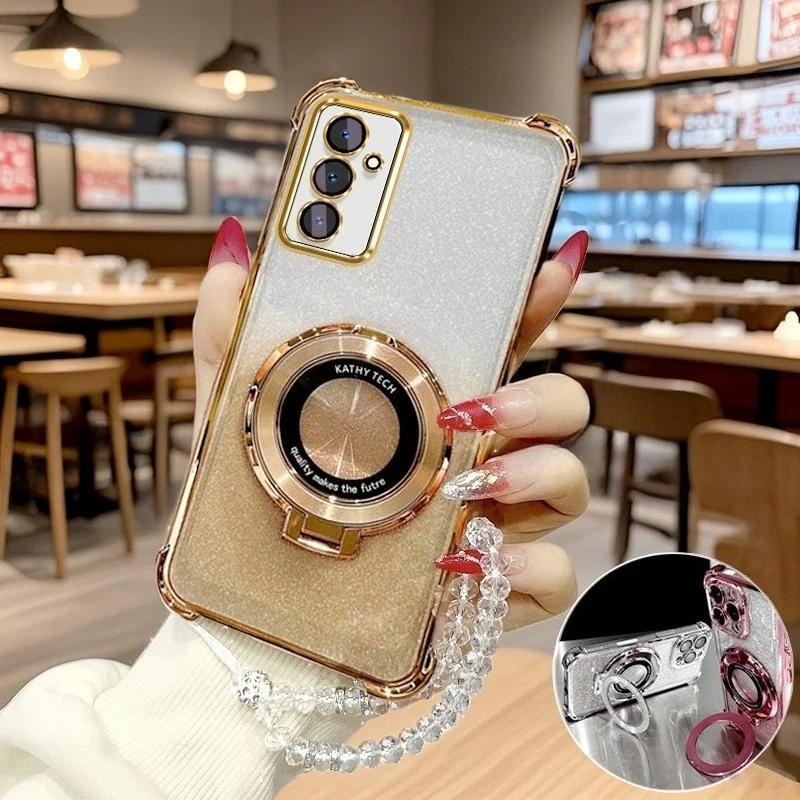 A 16 36 56 Clear Chain Luxury Ring Holder Plating Silicone Case For Samsung Galaxy A16 A26 A36 A56 A15 A35 A55 Shockproof Cover