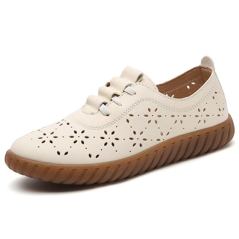 

Soft leather beef tendon soft sole Doudou shoes middle-aged and elderly flat shoes single shoes women s one-pedal hollow hole shoes lazy shoes 35