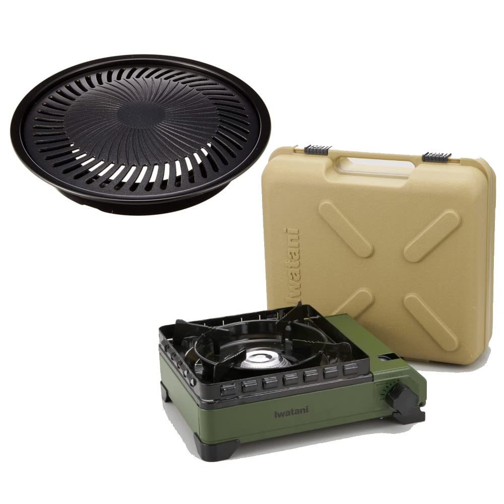 Iwatani Tough Maru & Genuine Accessory Series Plate Set (Tough Maru + Yakiniku S, 2-Piece Set, Olive)