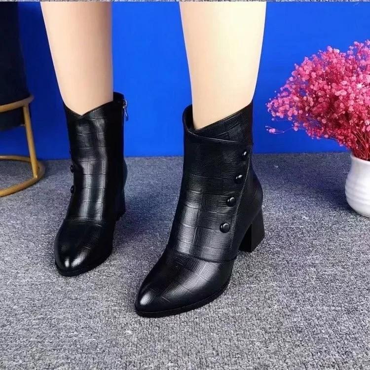 Women Fashion Ankle Boots Female Autumn Winter New Pointed Square Heels Black Retro Dress Party Ladies Autumn Winter Short Boots