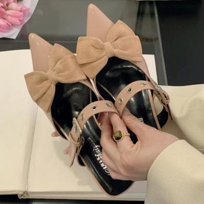 Vintage Klamra Kokarda Marka Wsuwane Czółenka Kobiety Seksowne Szpiczasty Nosek Slingback Sandał na Imprezę Eleganckie Ślubne Niskie Obcasy Płytkie Buty Mule