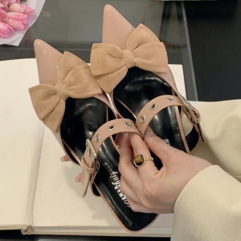 

Винтажные туфли-лодочки с пряжкой и бантом бренда, женские, сексуальные, с острым носком, на ремешке, сандалии для вечеринки, элегантные свадебные туфли-мюли с низким каблуком 39 телесный