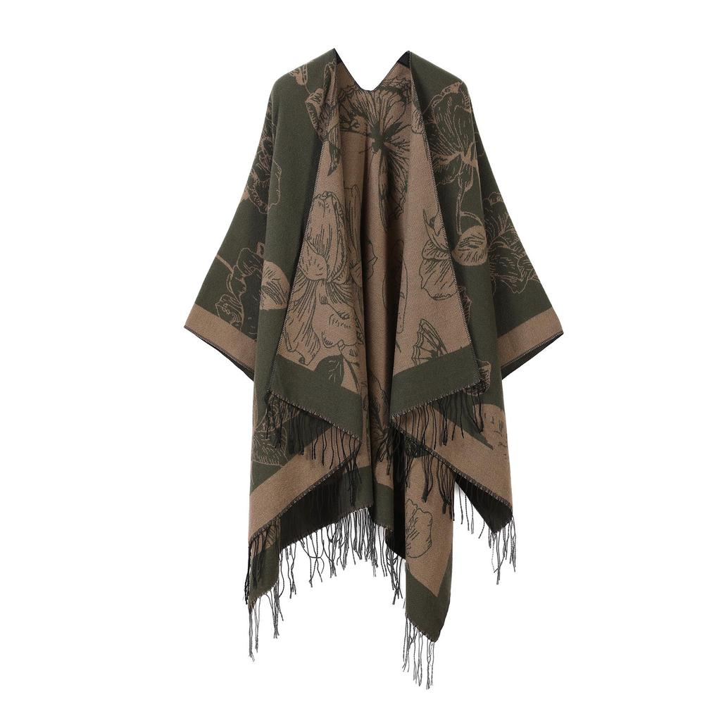 In-Stock Women's Double-Sided Tassel Shawl Cape - Classic Style, High-End, Warm, Perfect for Travel.