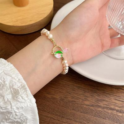 Tulpen-Armband mit künstlichen Perlen für Frauen, OT-Knopf, Retro-Blumenperlen-Armbänder, Schmuckzubehör