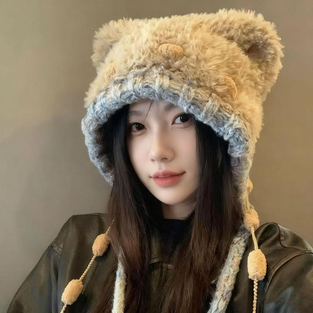 Dámská plyšová čepice s medvědími ušima - Hřejivá a všestranná pletená zimní čepice 2025 s teplou ochranou uší