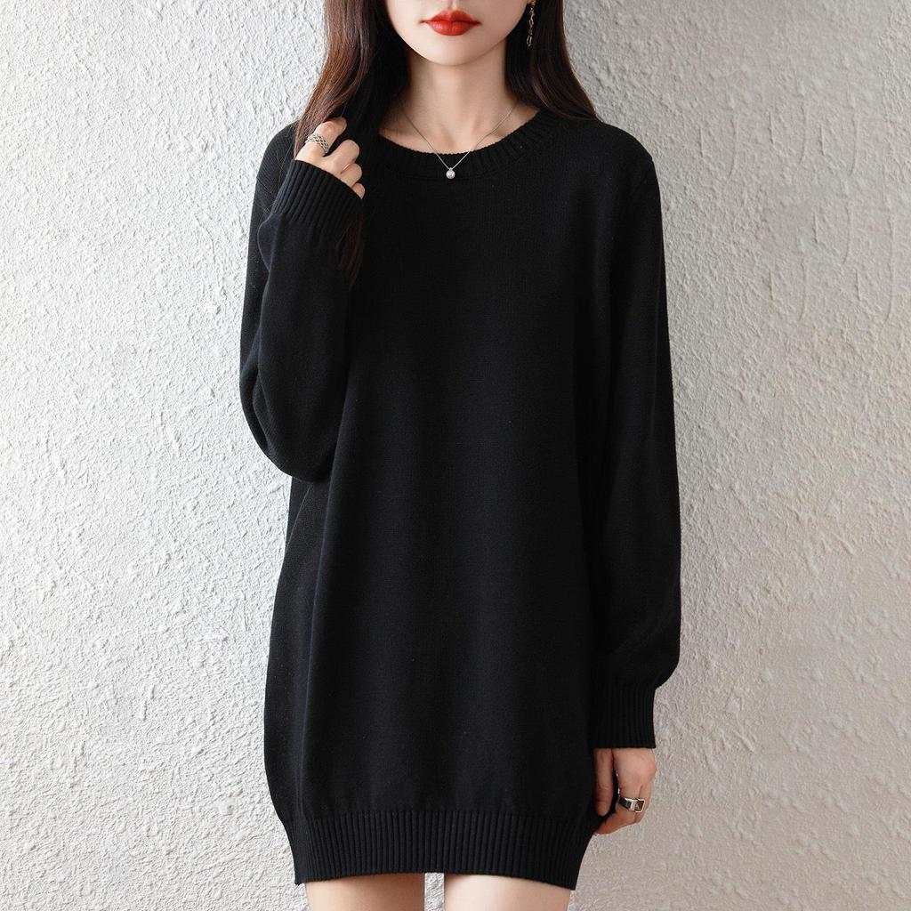 Women's Mid-Length Knitted Cotton Sweater Dress - Solid Color, Round Neck, Thick, Hip-Wrapping, Loose Fit