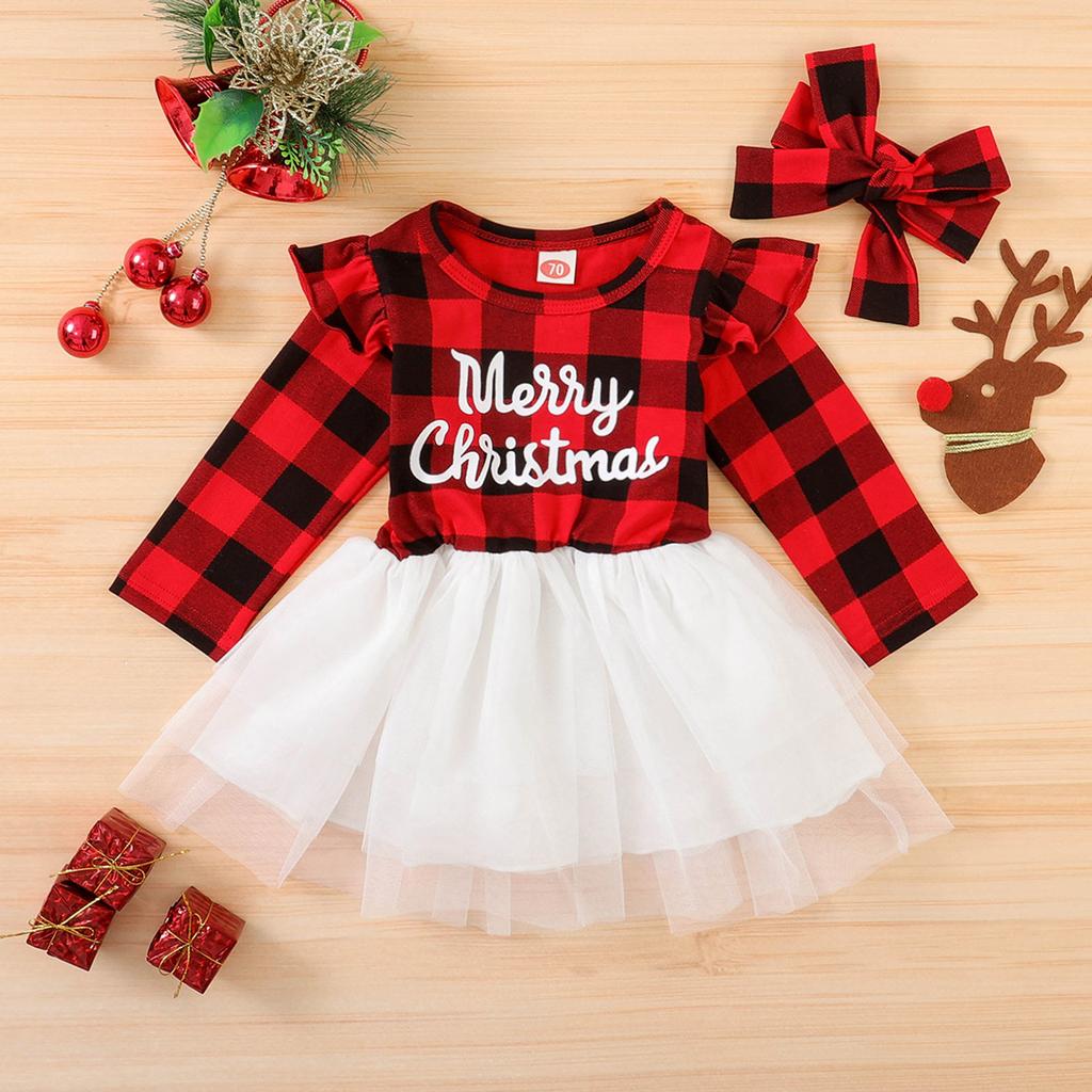 My First Christmas Baby Girls Outfit Christmas Print Bodysuit Tulle Tutu Dress 4Pcs Plaid Xmas Skirt Set Clothes