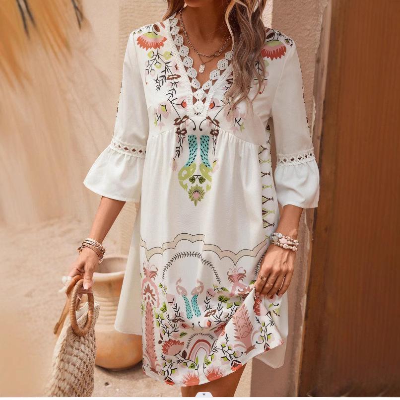Women's V-Neck Lace Trim Printed Midi Dress, Short Sleeve Casual Floral Summer Dress for Daily Wear