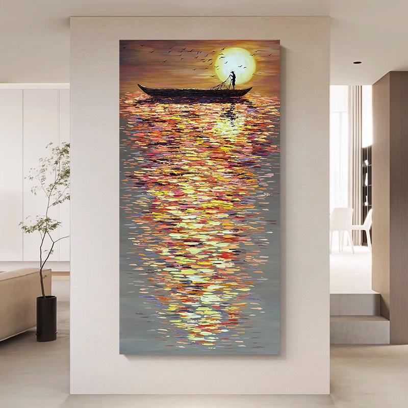 

Modern Abstract Fisherman and Sunset Sea Scenery Frameless Canvas Art High-Quality Print for Living Room and Home Decortive 20x40cm No Framed