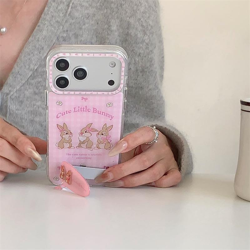 Pink Plaid Rabbit Stand iPhone Case for 17/16 Pro Max/15/14 - Girly Design