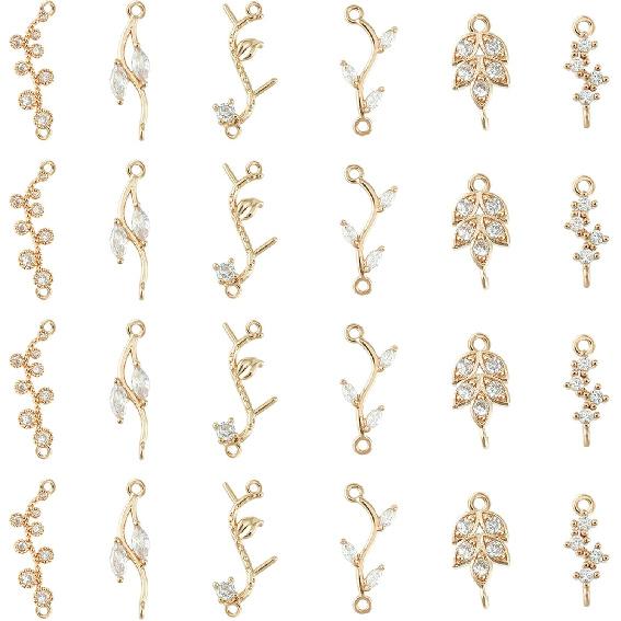 SUPERFINDINGS 24Pcs 6 Styles Cubic Zirconia Links Charms Crystal Leaf Branch Connector Charms Gold Plated Wheat Charms Rhinestone Leaves Pendant