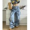Autumn Winter Ladies Cargo Jeans American Street Style Baggy Cargo Pants Women Blue Multi Pocket Wide Leg Jeans Women