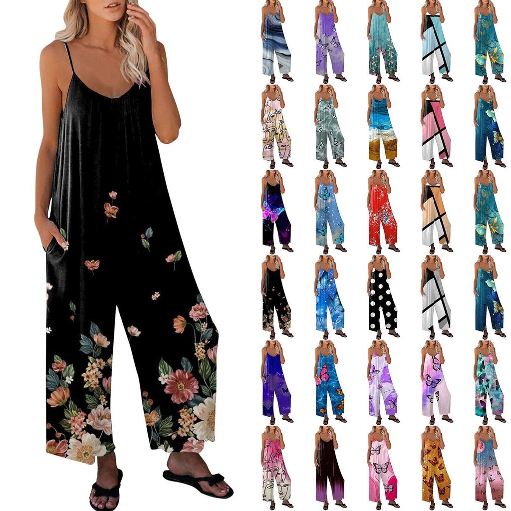 Women's Loose Sleeveless Jumpsuits Adjustable Spaghetti Strap Stretchy Long Pant Romper Jumpsuit With Pockets