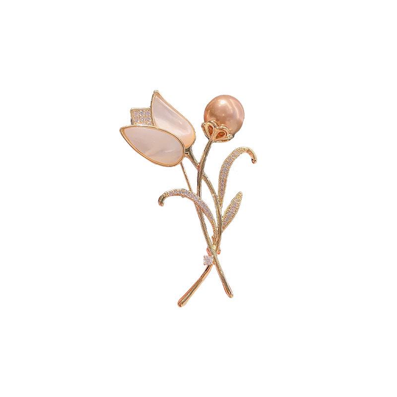 Elegant Tulip Pearl Crystal Brooch for Women - Floral Shawl Pin for Coats & Suits
