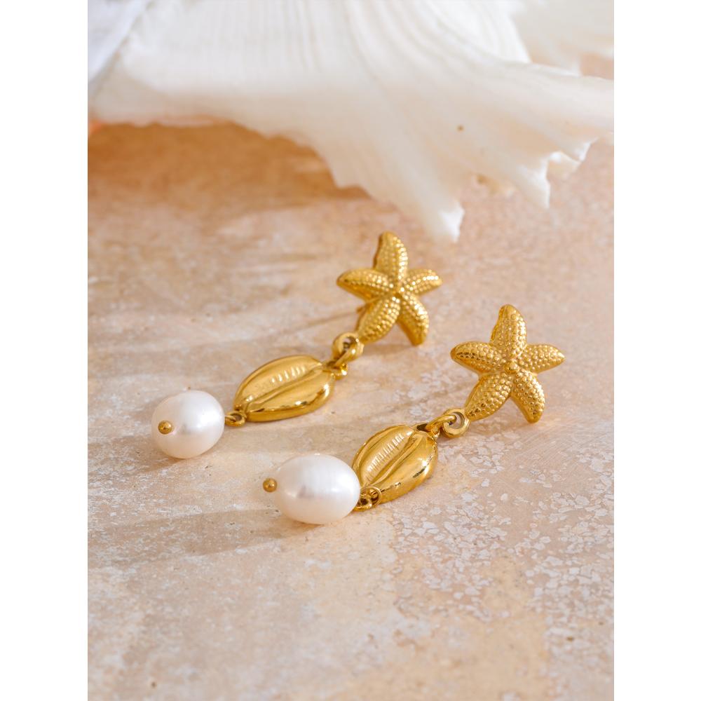 Yhpup Starfish Shell Drop Natural Freshwater Pearl Earrings Summer Stainless Steel Charm Daily Jewelry Wholesale Gift