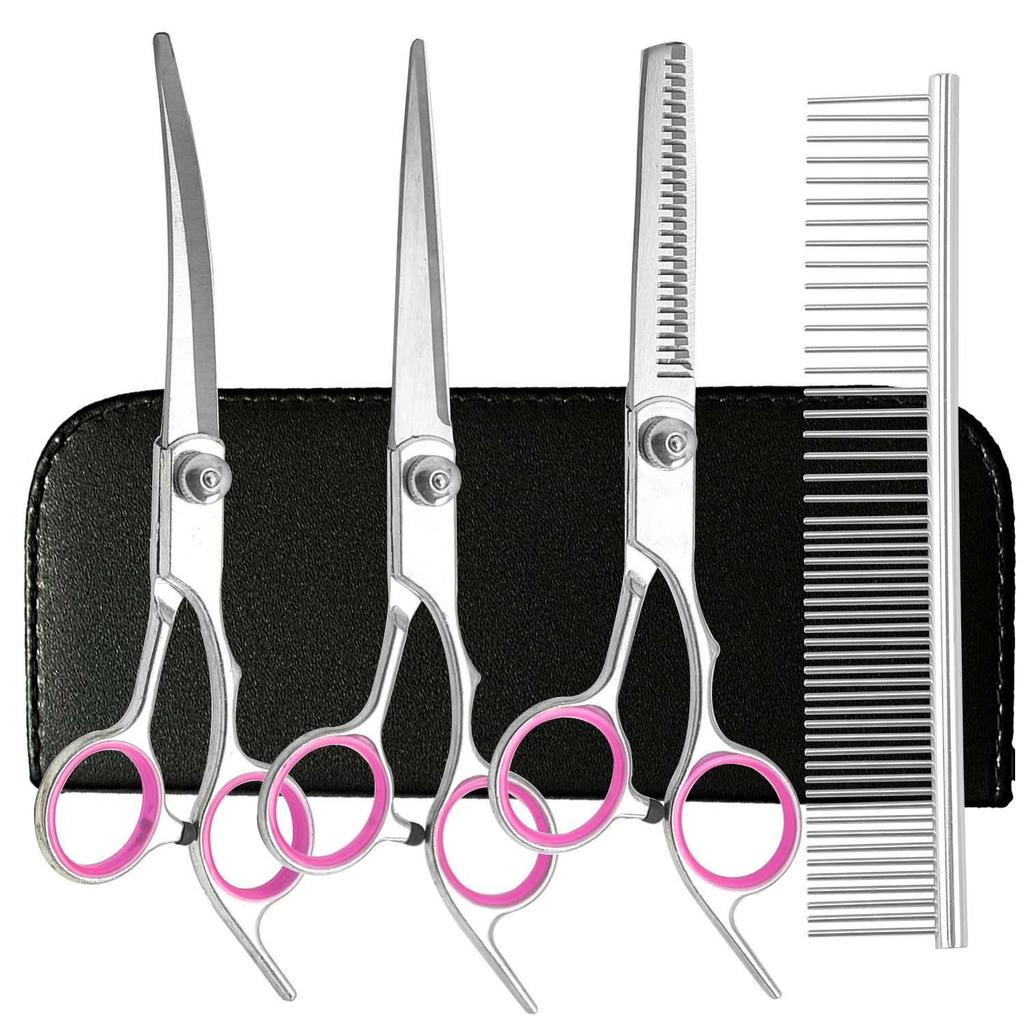 Portable Pet Grooming Scissor Set: Flat & Curved Hairdressing Tools