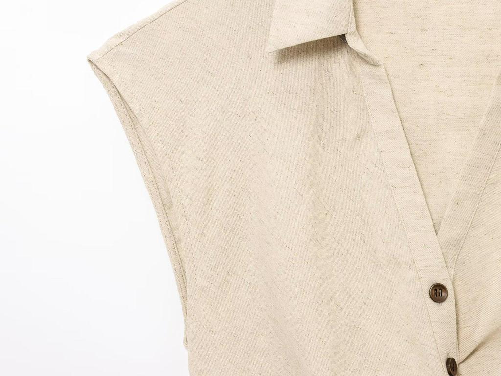 2025 Summer Women's Linen Set: Short Top with Buckle Detail & Midi Skirt