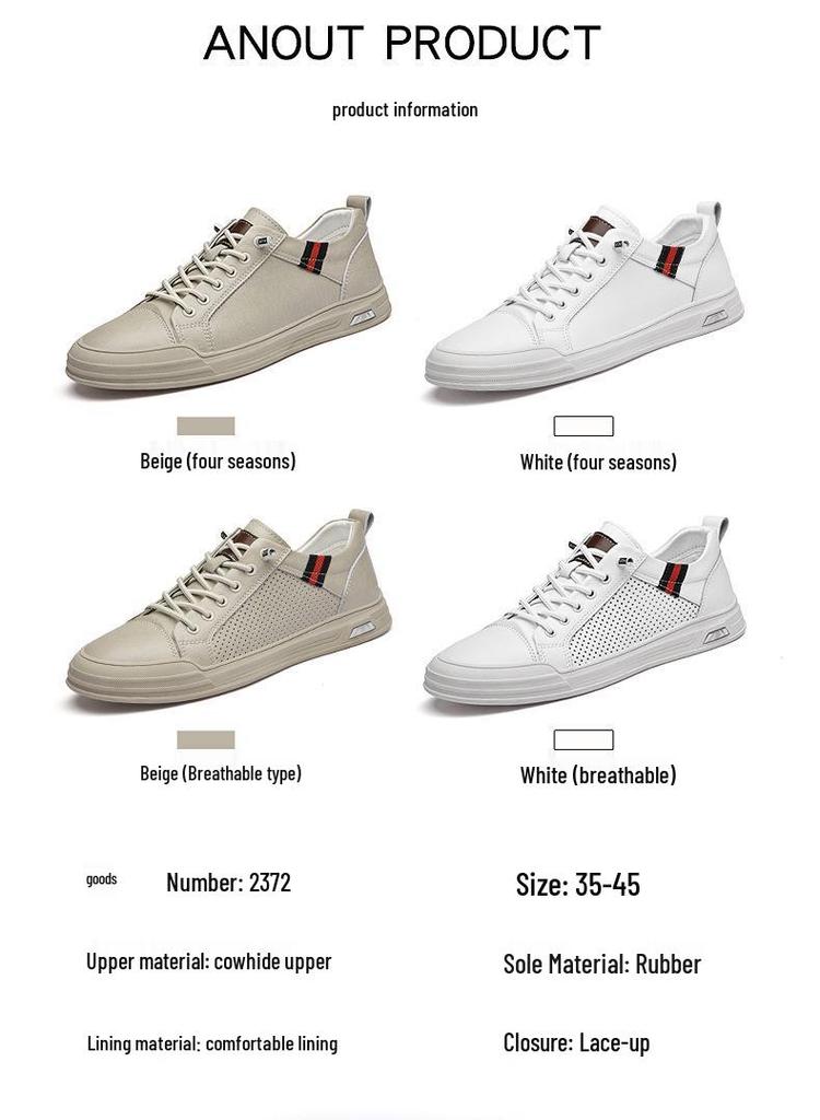 Men's Spring-Summer Casual Leather Board Shoes: Small Size Perforated White Lace-ups