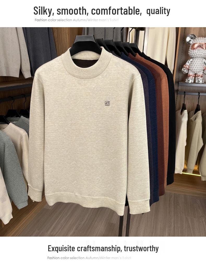 Men's Half-High Collar Jacquard Sweater with Velvet Lining - Warm, Skin-Friendly Knit Base Layer for Fall/Winter
