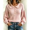 Women S Long Sleeve Pullover Ribbed Knit Top Round Neck Ruffled Trim Fall Winter