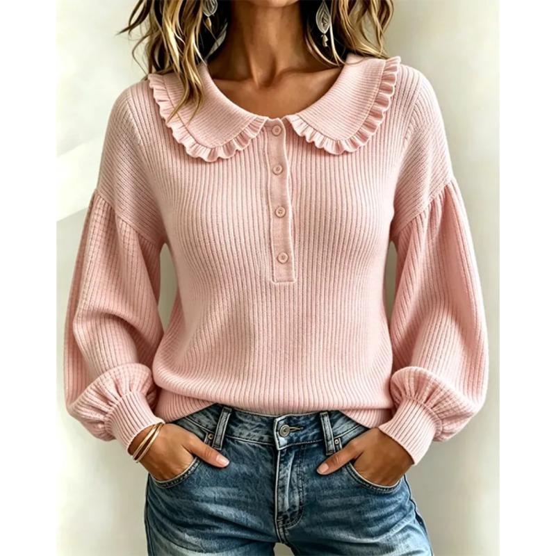 Women S Long Sleeve Pullover Ribbed Knit Top Round Neck Ruffled Trim Fall Winter