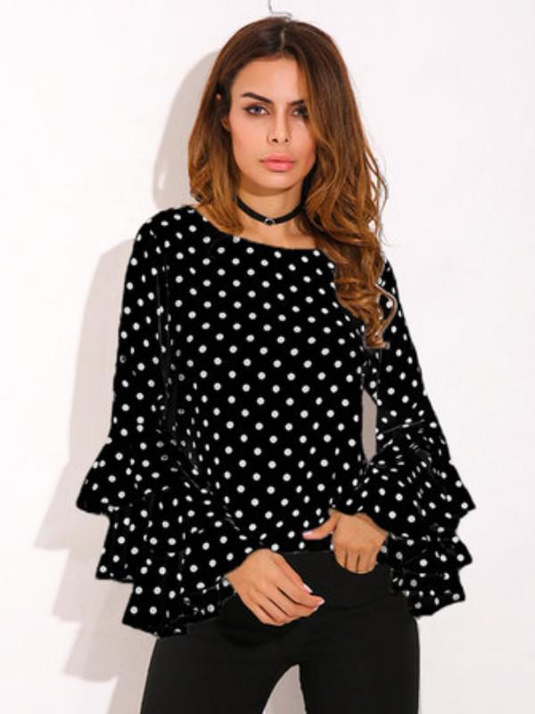 European & American Polka Dot Bell Sleeve Plus Size Chiffon Blouse