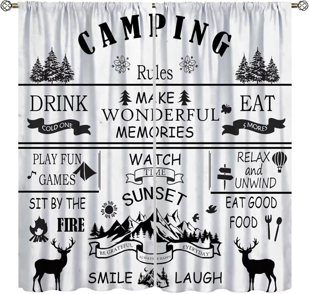 Retro Happy Camper Curta,Rustic Wood Plank Camping Travel Trailer Blackout Rod Pocket Window Curtain,For Boys Girls Living