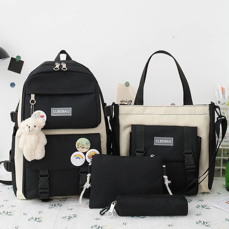 

4 шт. Нейлоновий рюкзак високої місткості для студентів старших класів Модний рюкзак для хлопчиків для подорожей, жіночий водонепроникний рюкзак з чотирьох предметів, що блокує колір 14X31X44cm No pendant чорний