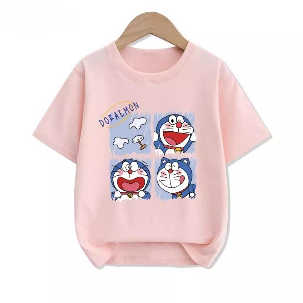 Potdemiel Summer New Doraemon Print Children's Pure Cotton T-Shirt, Boys and Girls Comfortable and Breathable Children's T-Shirt