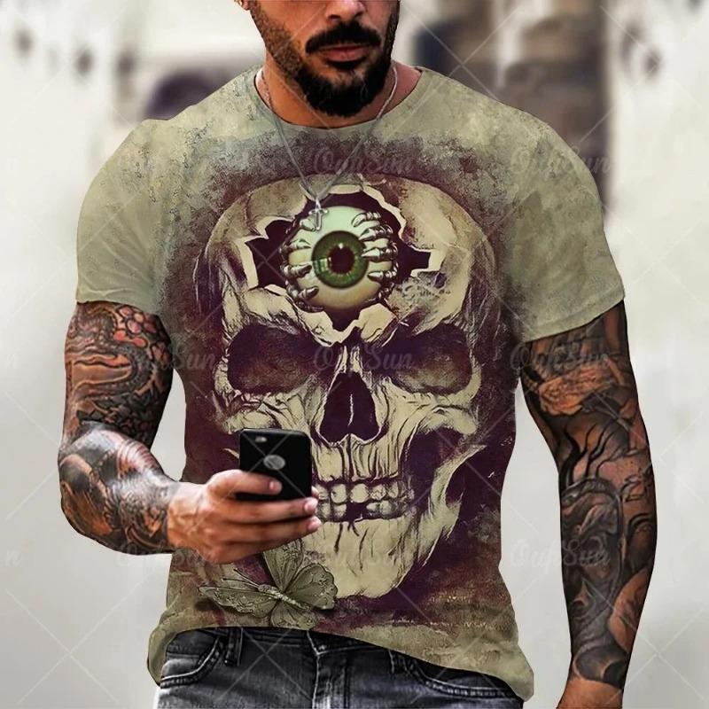 2025 Sommer Neu Vintage Horror Schädel 3D Druck Herren T-Shirt Klassisch Lässig Kurzarm Mode Locker Übergroße Oberteile T-Shirt