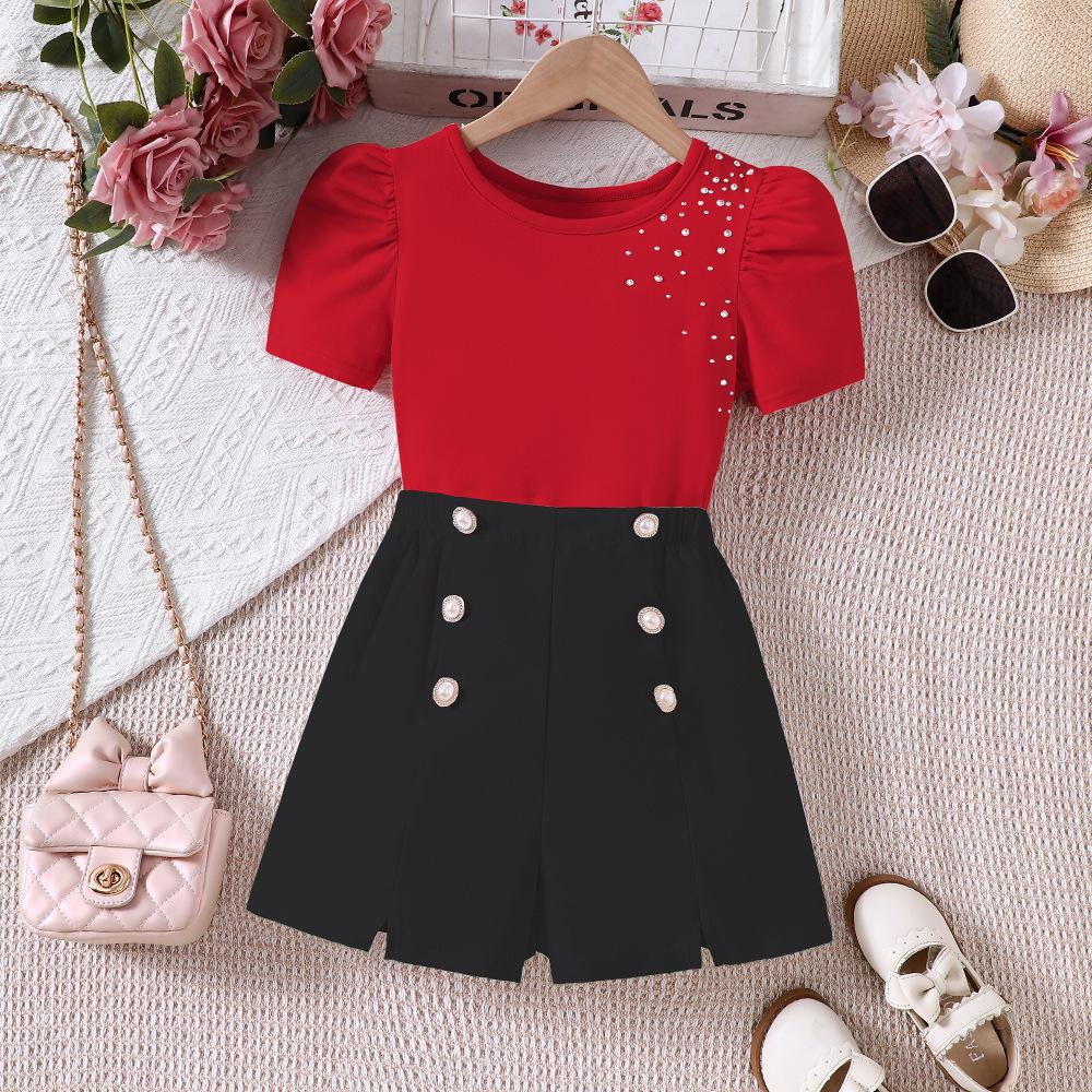 8-12Y Children's Casual Suit Girls Spring and Summer Girl Trousers Set New Bubble T-shirt + Shorts Set 2pcs