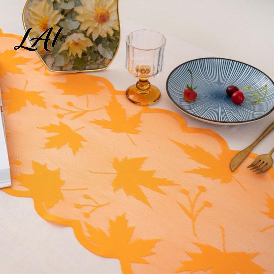 Autumn Indoor Home Accents Fall Table Runner Decorations Maples Leaves Lace Orange Hollow Embroidery Runner Harvest Thanksgiving Decorations
