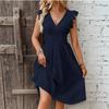 Women's Ruffle Sleeve Hollow Out Dress Elastic Waist V Neck Midi Sundress Casual Summer Party Dress