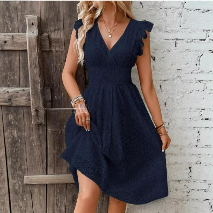 Women's Ruffle Sleeve Hollow Out Dress Elastic Waist V Neck Midi Sundress Casual Summer Party Dress