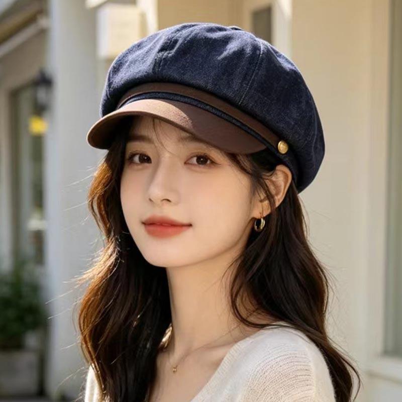 Retro denim splicing octagonal newsboy hat female autumn and winter British beret showing face small casual painter cap tide