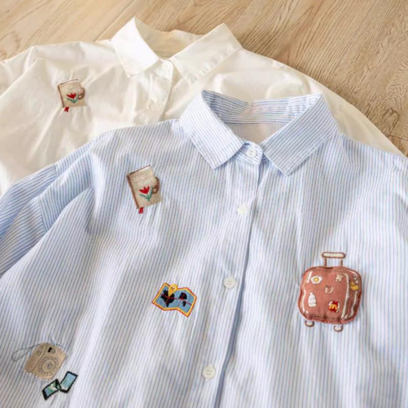 Spring 2026 Slimming Striped Children's Literary Style Women's Embroidered Long Sleeve Shirt