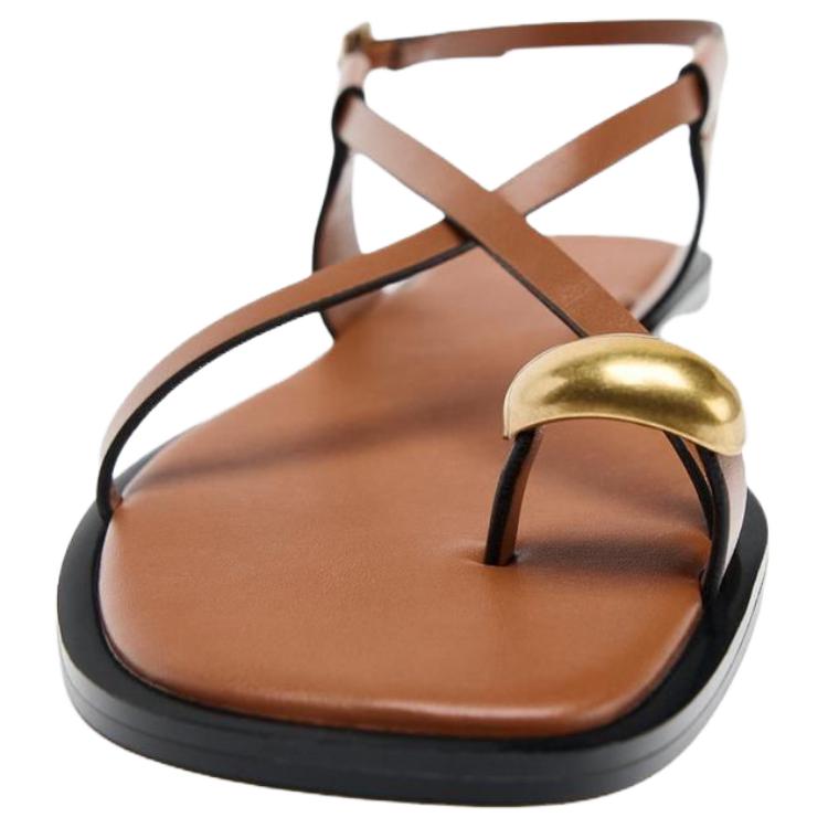 Zara Pu Open-Back Fashion Metal Decor Flat Sandals Women Sandals Brown 1641510105