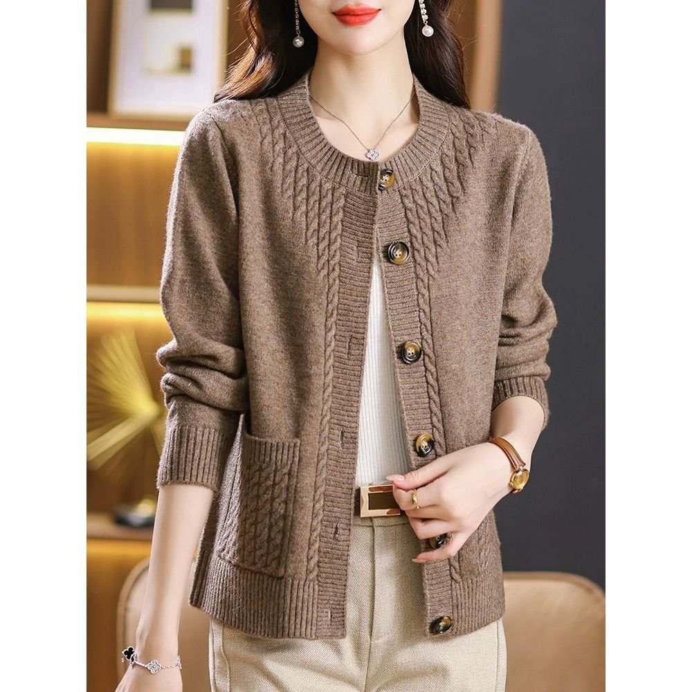 Rundhals-Pulloverjacke Damen Frühling und Herbst Lockerer Oberteil Übergröße Western-Stil Kurze Strickjacke