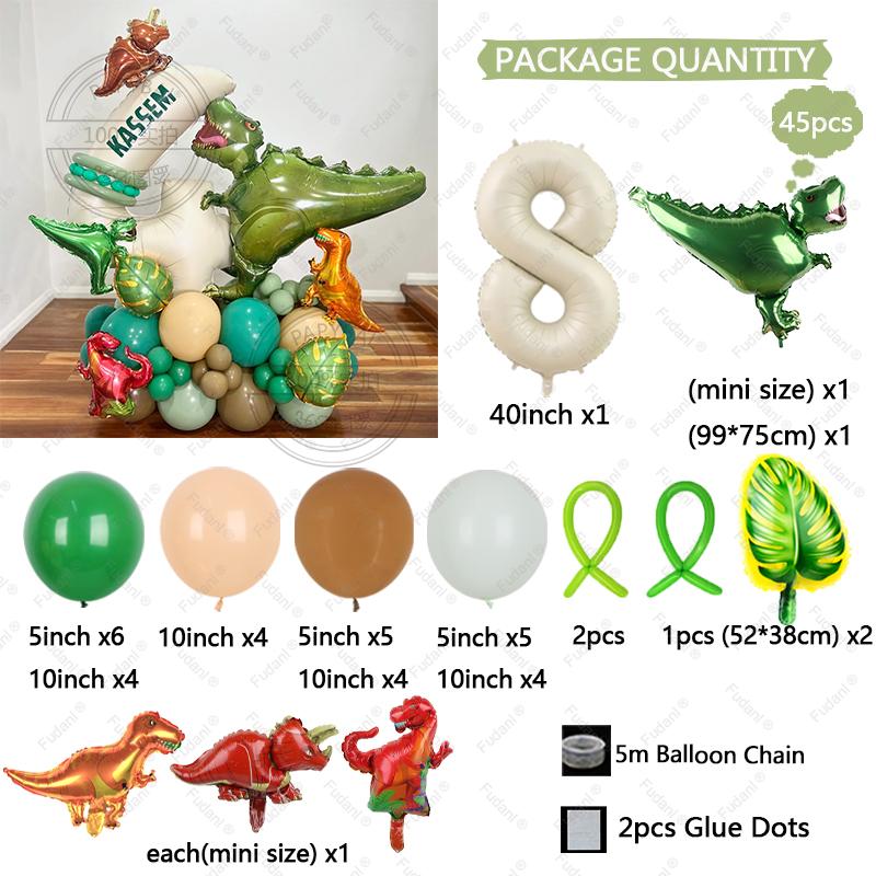 45pcs Jungle Dinosaur Party Balloons Set Mini Dinosaur Balloon Cream White Number Ballon Kids 1 2 3 4 5Year Birthday Party Decor