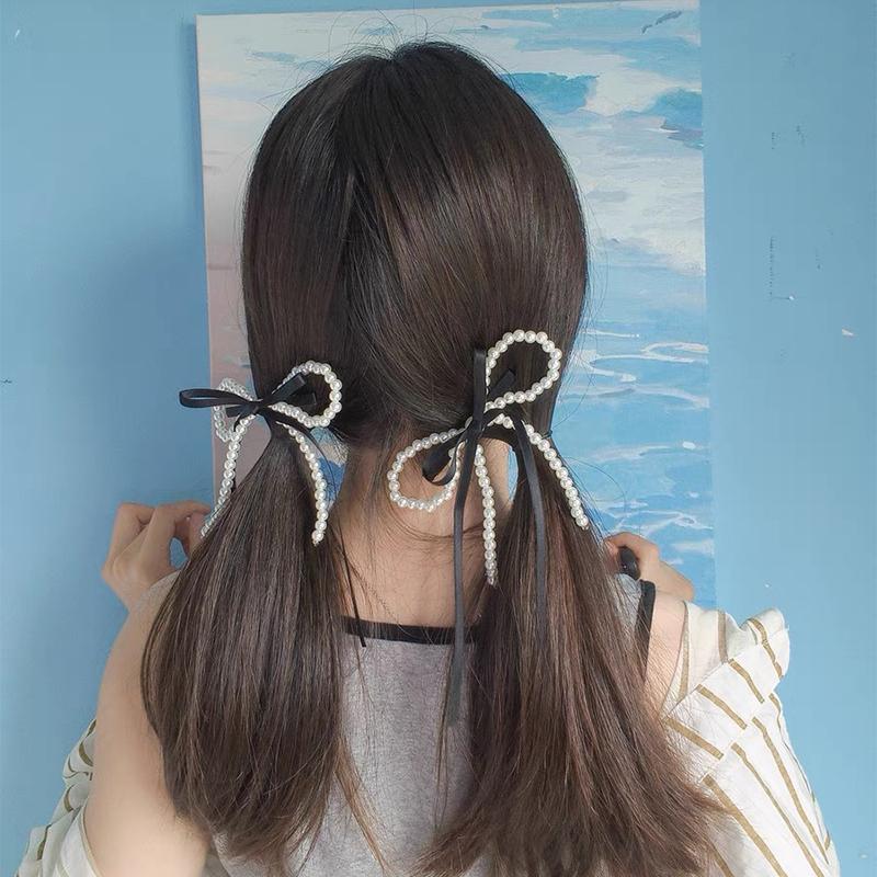 Fairy Ribbon Bowknot Pearl Barrettes Korean Style Sweet Fresh Side Clip Elegant Bow Duckbill Clip Temperament Headdress