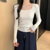 Texture square collar inner top bottoming shirt women's spring and autumn sweater slim and thin pit strips front shoulder long sleeves