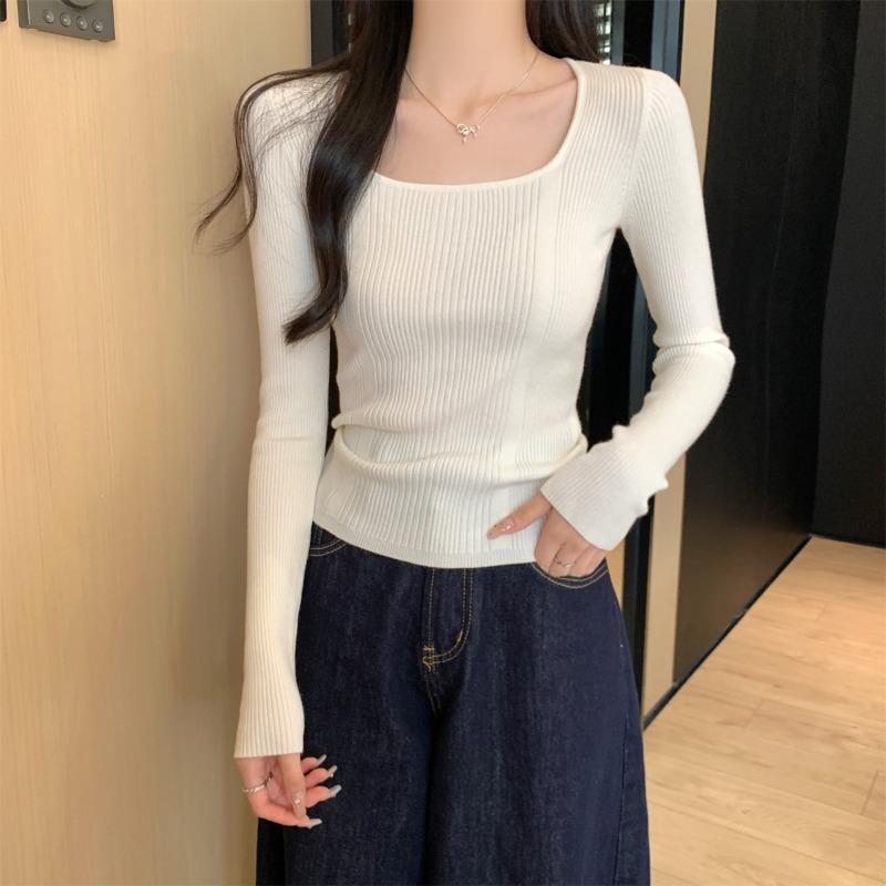 Texture square collar inner top bottoming shirt women's spring and autumn sweater slim and thin pit strips front shoulder long sleeves