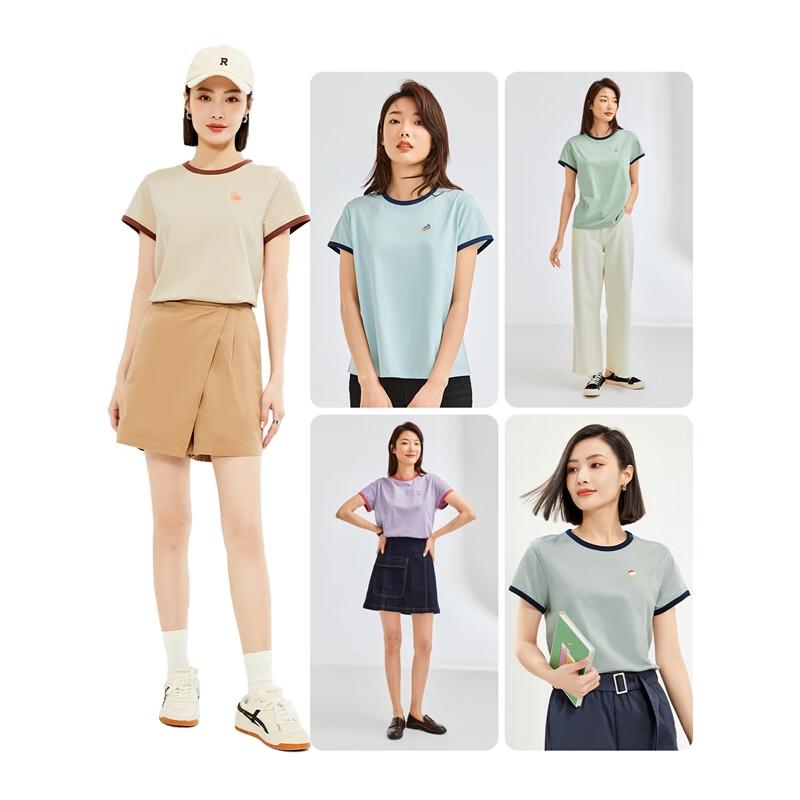 Giordano Women's Embroidered Contrast Edge Round Neck Cotton T-Shirt