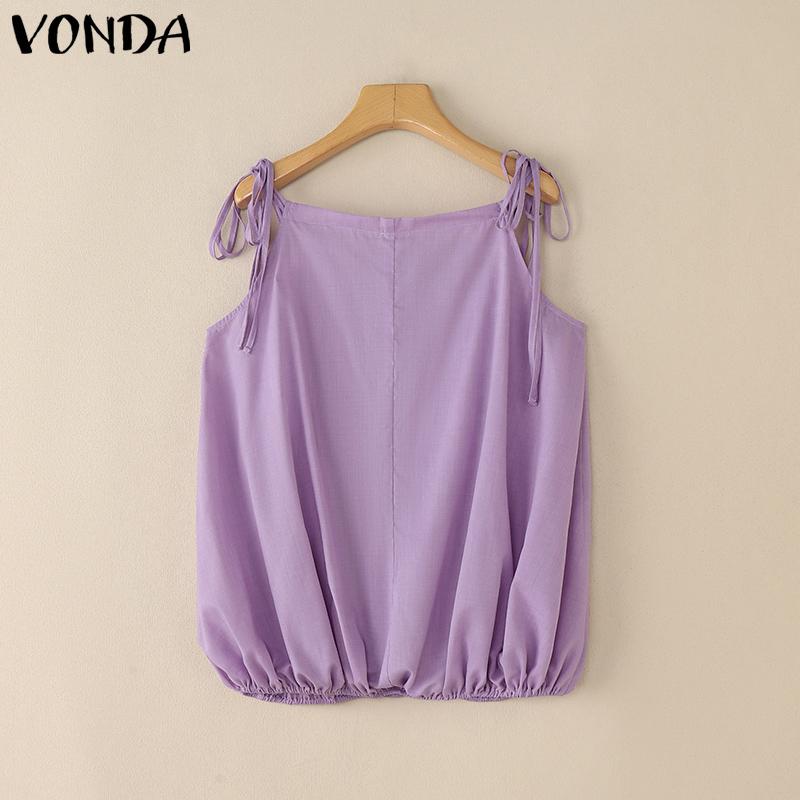 VONDA Women Summer Strap Sleeveless Bow Knot Pleated Casual Tank Tops