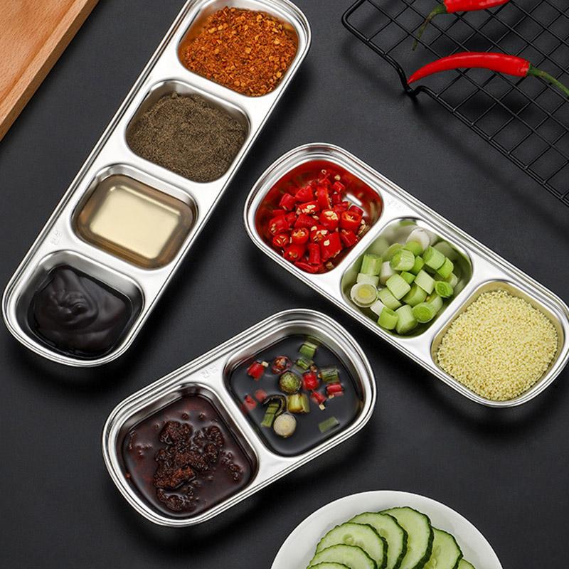 1PC Vinegar Plate Multi-grid Barbecue Seasoning Dish Dipping Dish Stainless Steel 1/2/3/4 Grids