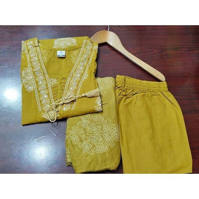 Women's Pure Cotton Printed with Handwork Kurta with Pants and Dupatta Set | Ethnic Set | Suit Set | Kurta Set | Wedding Suit Set